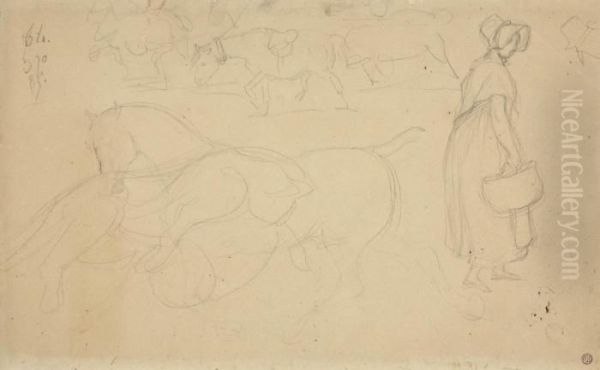 Studies Of Horses, With A Subsidiary Study Of A Woman With A Basket Oil Painting by Theodore Gericault