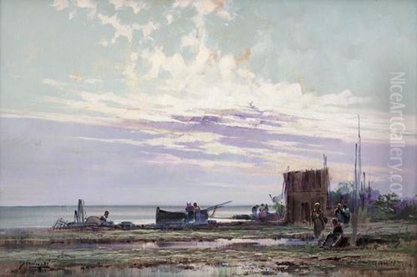 Pescatori Sulla Spiaggia Di Bordighera Oil Painting by Cesare Gheduzzi
