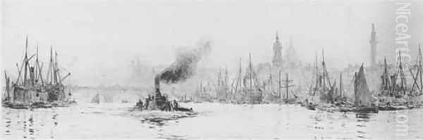 St. Paul's Cathedral and the Monument from the Pool of London by William Lionel Wyllie