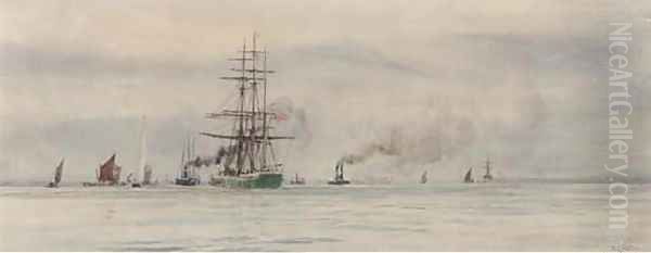 A three-master under tow in the Thames Estuary Oil Painting by William Lionel Wyllie