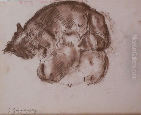 Chatte Et Ses Chatons Oil Painting by Sam Granowsky