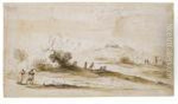 Travellers Walking And Resting In A Landscape, A Tower In The Distance Oil Painting by Giovanni Francesco Barbieri