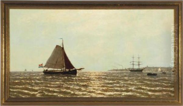 A Sailing Boat Approaching A Dutch Harbor Oil Painting by Georges Johannes Hoffmann