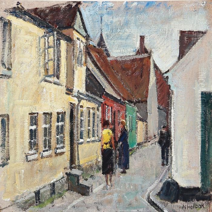 Street Scene With Figures Oil Painting by Niels Holbak