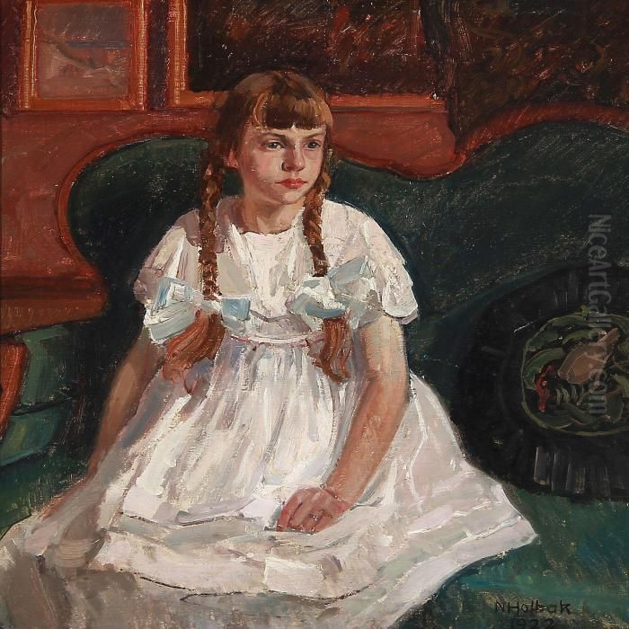 A Girl Sitting In A Sofa Oil Painting by Niels Holbak
