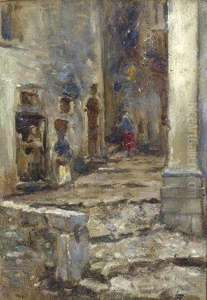 Vicolo Con Acquaiola E Figure Oil Painting by Alfons Hollaender