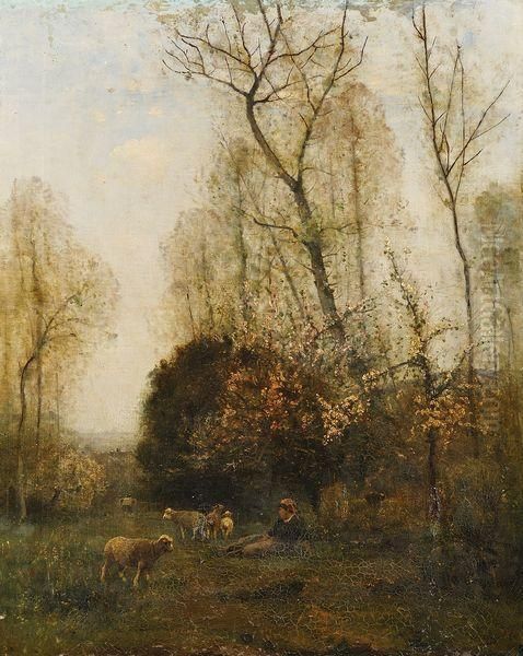 Paysanne Et Son Troupeau Oil Painting by Louis-Aime Japy