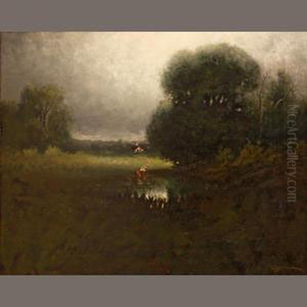 Women Washing In A Wooded Landscape Oil Painting by Carl Henrik Jonnevold