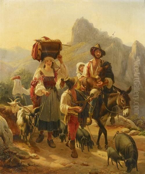 Italian Shepherd Family Oil Painting by Johann Baptist Kirner