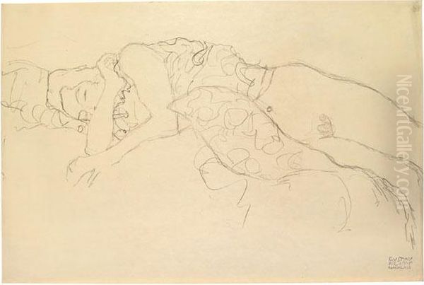 Liegender Halbakt Nach Links, Den Mund Mit Dem Arm Verdeckend Oil Painting by Gustav Klimt