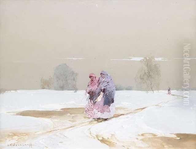 Auf Dem Weg Zur Kirche Oil Painting by Sergej Michaijlovic Kolesnikov