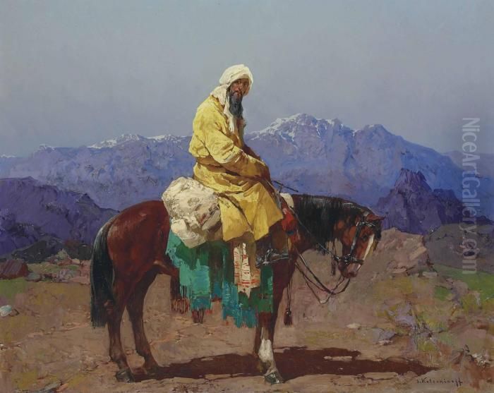 Horse And Rider, Turkestan Oil Painting by Sergej Michaijlovic Kolesnikov