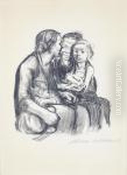 Zwei Schwatzende Frauen Mit Zwei Kindern Oil Painting by Kathe Kollwitz