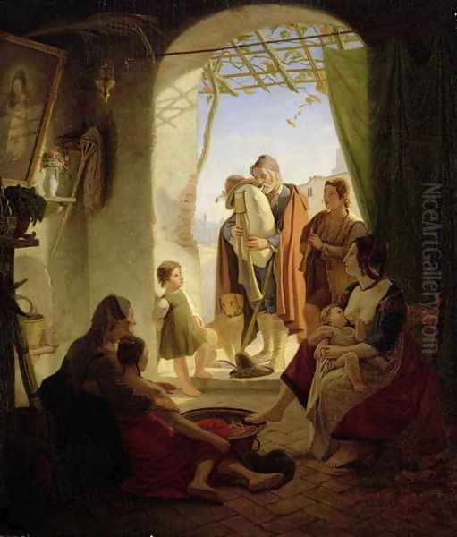 Neapolitan bagpipe player in wintry Rome, 1833 Oil Painting by Friedrich Wasmann