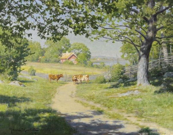 Landskap Med Kor Oil Painting by Johan Krouthen