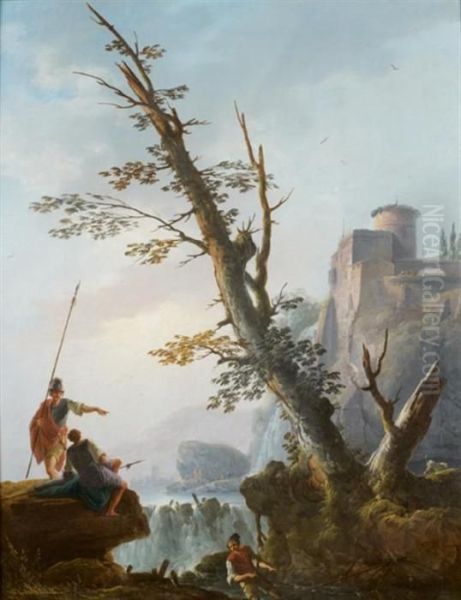Soldats Et Pecheurs Devant Un Paysage De Cascade Oil Painting by Charles Francois Lacroix de Marseille