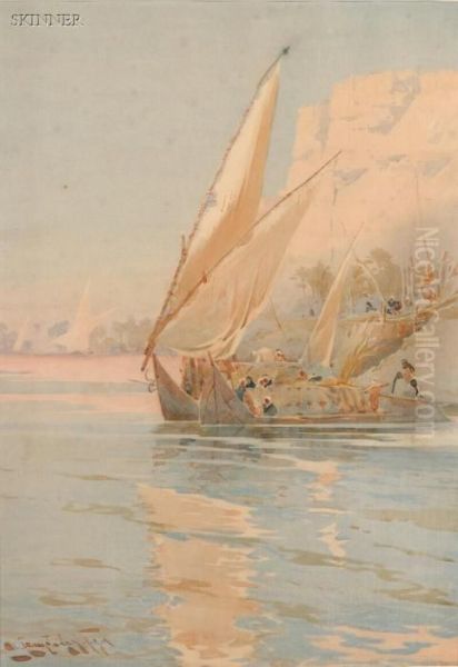 Two Views Of Sailing Along The Nile Oil Painting by Augustus Osborne Lamplough