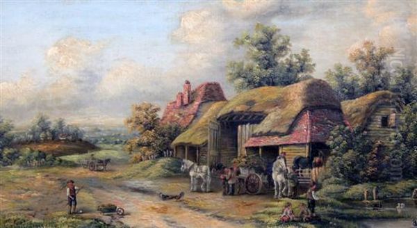 Figures Beside Thatched Barns Oil Painting by Edwina W. Lara