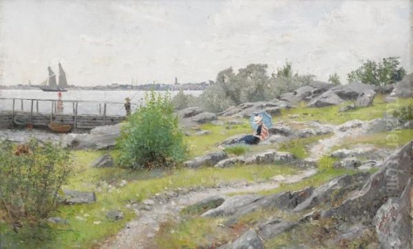 Ung Kvinna Med Parasoll I Sommarlandskap Oil Painting by Axel Lindman