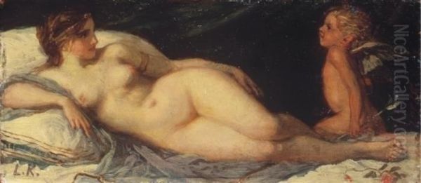 Venus And Amor Oil Painting by Karoly Lotz