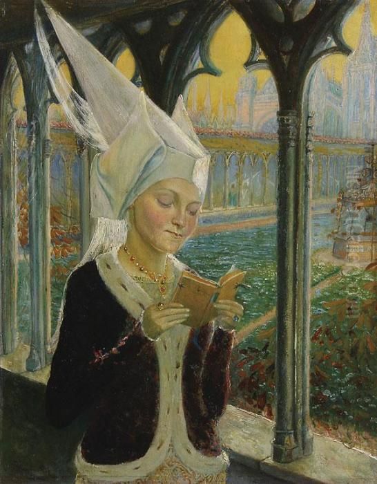 Portrait Of Isabeau Of Baviere Reading A Book Of Hours Oil Painting by Edgard Maxence Portrait Of Isabeau Of Baviere Reading A Book Of Hours Oil Painting by Edgard Maxence