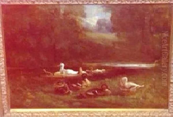 Ducks On The Lakeside Oil Painting by Christopher Meadows