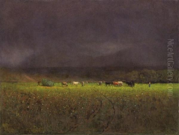 Stado Pred Burkou Oil Painting by Ladislav Mednyanszky