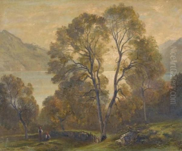 Romantische Seelandschaft Im Gebirge Oil Painting by Adolf Munzer