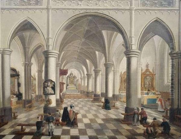 Inneres Einer Dreischiffigen Kirche Mit Figurenstaffagemonogramm. Oil Painting by Peeter, the Elder Neeffs