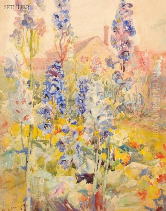 Hollyhock Garden Oil Painting by George Loftus Noyes