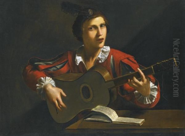 A Guitar-player Seated In An Interior Oil Painting by Pietro Paolini