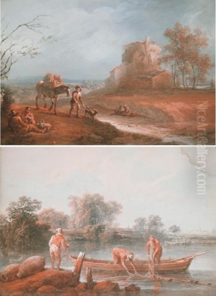 Pastorala Scener Med Fiskare Och Vandrare Oil Painting by Jean-Baptiste Pillement