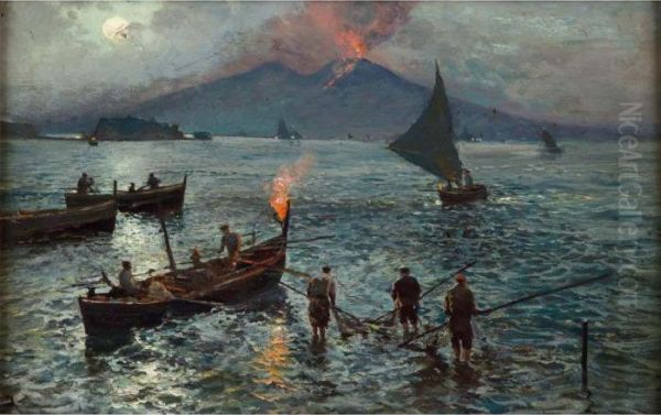 Night Fishing In Naples Oil Painting by Attilio Pratella