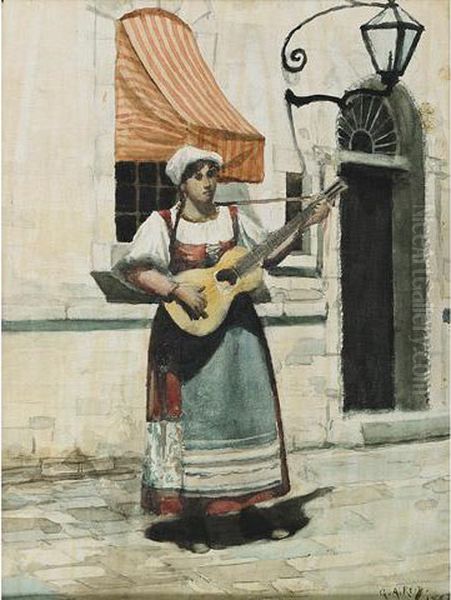 Street Singer Oil Painting by George Agnew Reid