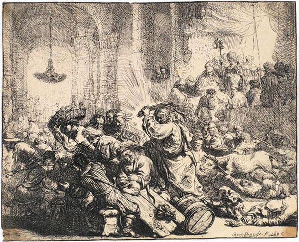 Christus, Die Handler Aus Dem Tempel Treibend Oil Painting by Harmenszoon van Rijn Rembrandt