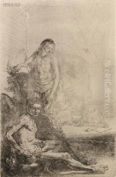 Nude Man Seated Before A Curtain Oil Painting by Rembrandt Van Rijn
