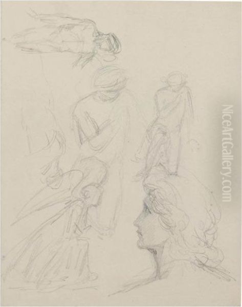 A Sheet Of Studies Including A Head Study Of Samuel Palmer, An Angel, And Other Figures Oil Painting by George Richmond