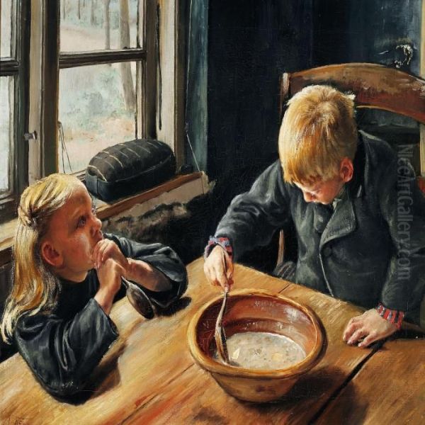 En Dreng Og En Pige Ved Middagsmaden Oil Painting by Laurits Andersen Ring