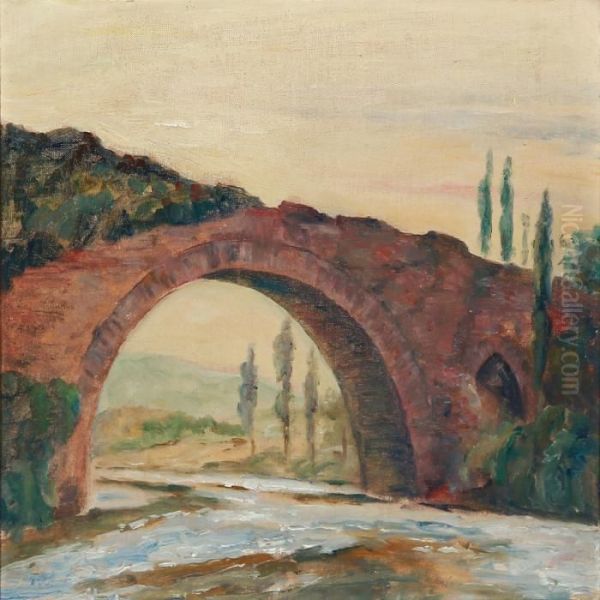 A Roman Bridge Oil Painting by Johan Gudmann Rohde