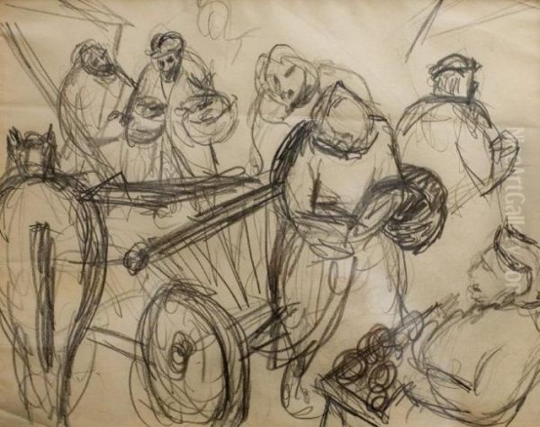 Scene De Marche Fusain Sur Papier 22 X 28 Cm (9 X 11 In.) Provenance: Christie's Oil Painting by Issachar ber Ryback
