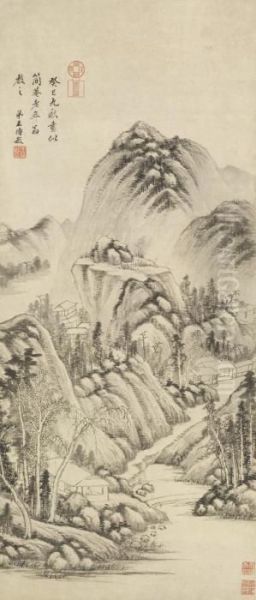 Reading In The Autumn Mountain Oil Painting by Wang Shimin