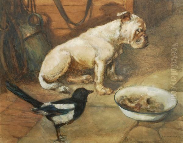 Dog And Magpie Oil Painting by George Vernon Stokes