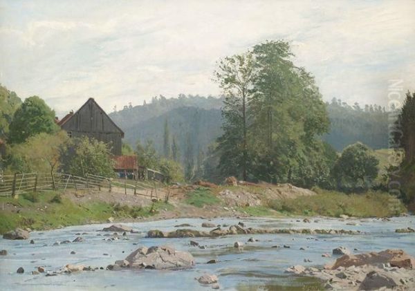 Bauernhaus Am Bachlauf In Bewaldeter Hugellandschaft Oil Painting by Otto Struttzel