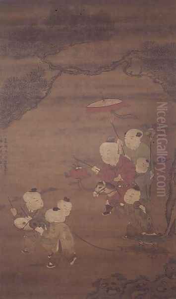 Boys at play, Ming Dynasty Oil Painting by Ch'iu Yu