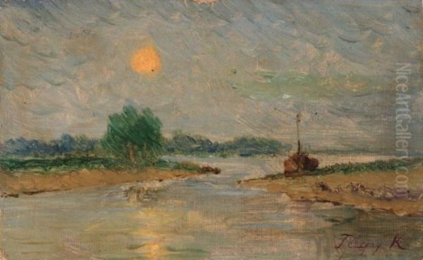 Folyo Alkonyatban Oil Painting by Karoly Telepy