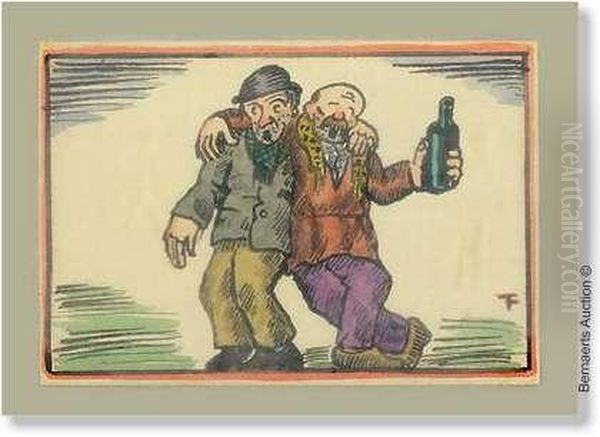 Drinkebroers. Stifttekening. Ingekleurd Met Aquarel. Gemonogrammeerd 'f'. In Kader Oil Painting by Felix Timmermans