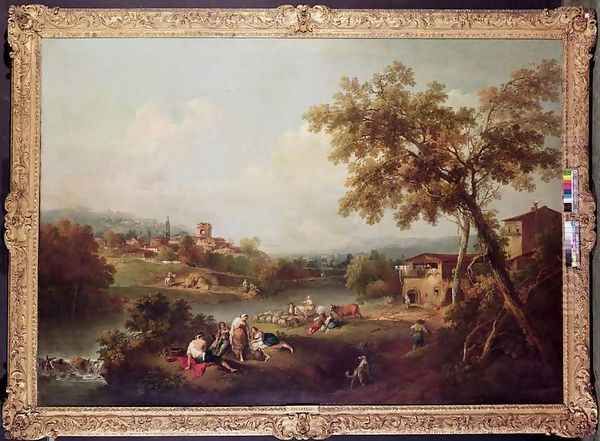 An Extensive River Landscape with a Village Oil Painting by Francesco Zuccarelli