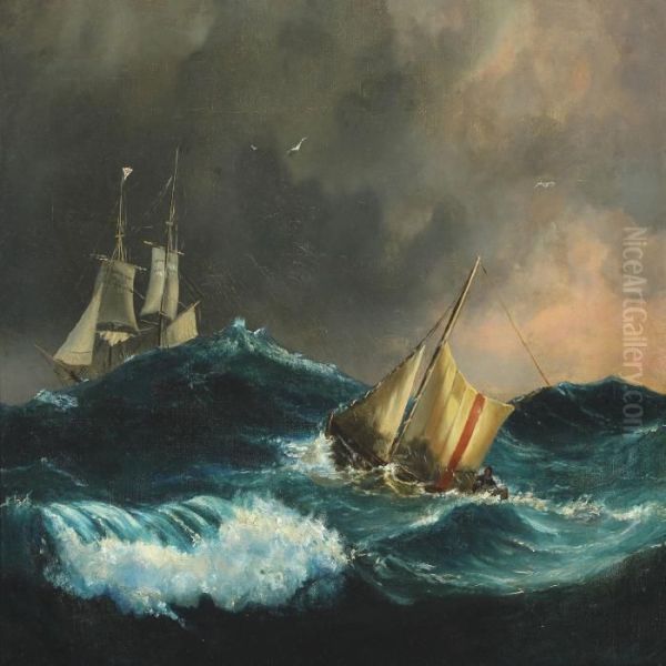 Pilot Boat At Sea In Bad Weather Oil Painting by Laurits Regner Tuxen