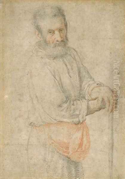 Portrait of a bearded man with both arms resting on a stick Oil Painting by Federico Zuccaro