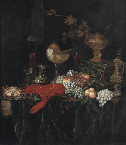 A Lobster, A Crab On An 
Enamelled Plate, Peaches, Grapes, Glasses Of Wine And Guilded Vessels On
 A Draped Table Oil Painting by Abraham Hendrickz Van Beyeren